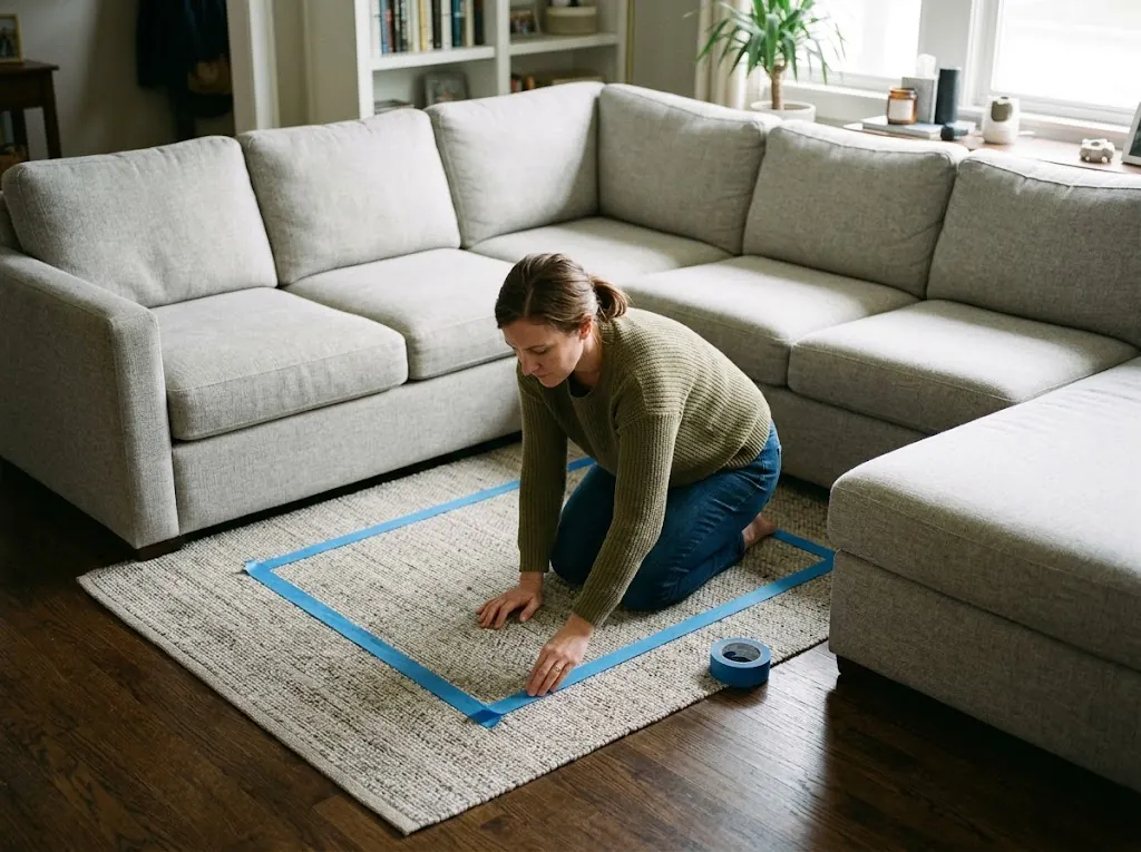 Couchtisch-Maße: Standardgrößen, Höhe und Abstände Mit Bodenmarkierungsband simulierte Couchtischfläche innerhalb eines L-förmigen Sofas