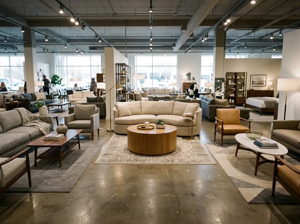 Couchtisch-Maße: Standardgrößen, Höhe und Abstände Couchtische in unterschiedlichen Größen und Formen in einem Showroom für Objektmöbel