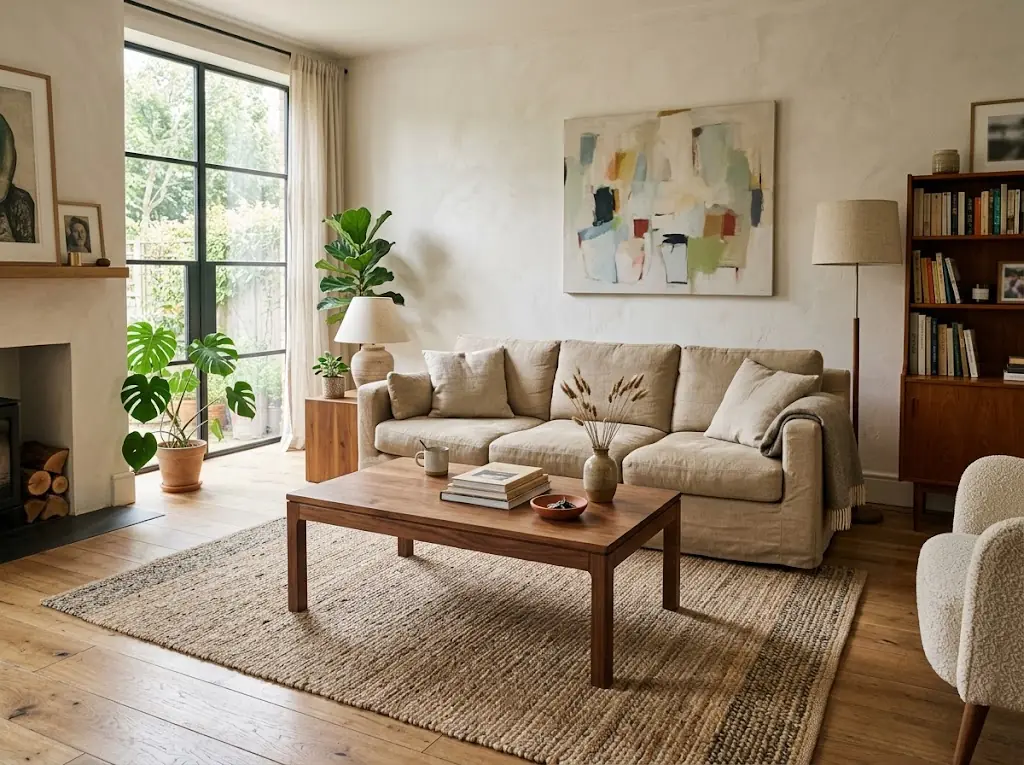 Proportional zum Sofa platzierter Couchtisch in einem realistisch eingerichteten Wohnzimmer