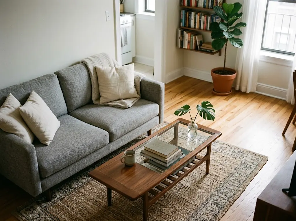 Couchtisch-Maße: Standardgrößen, Höhe und Abstände Prüfung der Couchtischtiefe im Verhältnis zum Platz am Sofa und zum Durchgang auf der gegenüberliegenden Seite