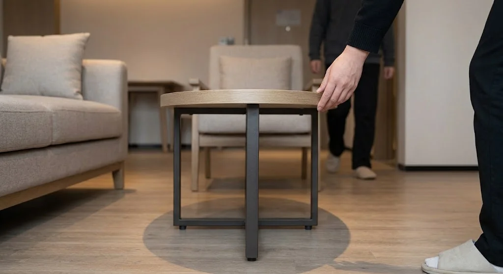 Die besten Couchtische für Hotels, Cafés und gewerbliche Loungebereiche Prüfung von Tischkante und Gestell eines Couchtisches in einer Lounge
