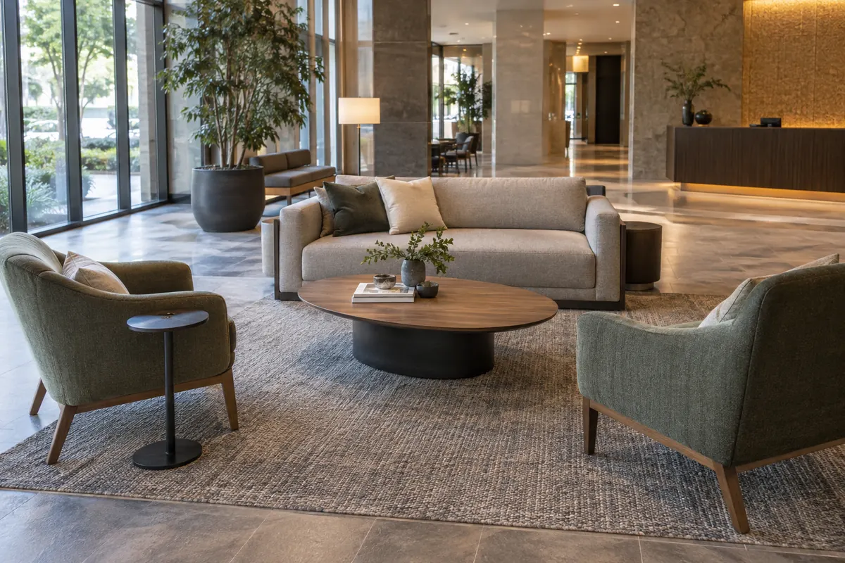 12 ideas de mesas de centro para hoteles, cafeterías y zonas lounge profesionales Mesa de centro ovalada de bordes suaves en una composición de asientos para la zona lounge de un hotel