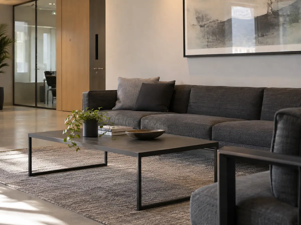 12 ideas de mesas de centro para hoteles, cafeterías y zonas lounge profesionales Mesa de centro rectangular baja alineada con un sofá largo en la zona lounge de una recepción profesional