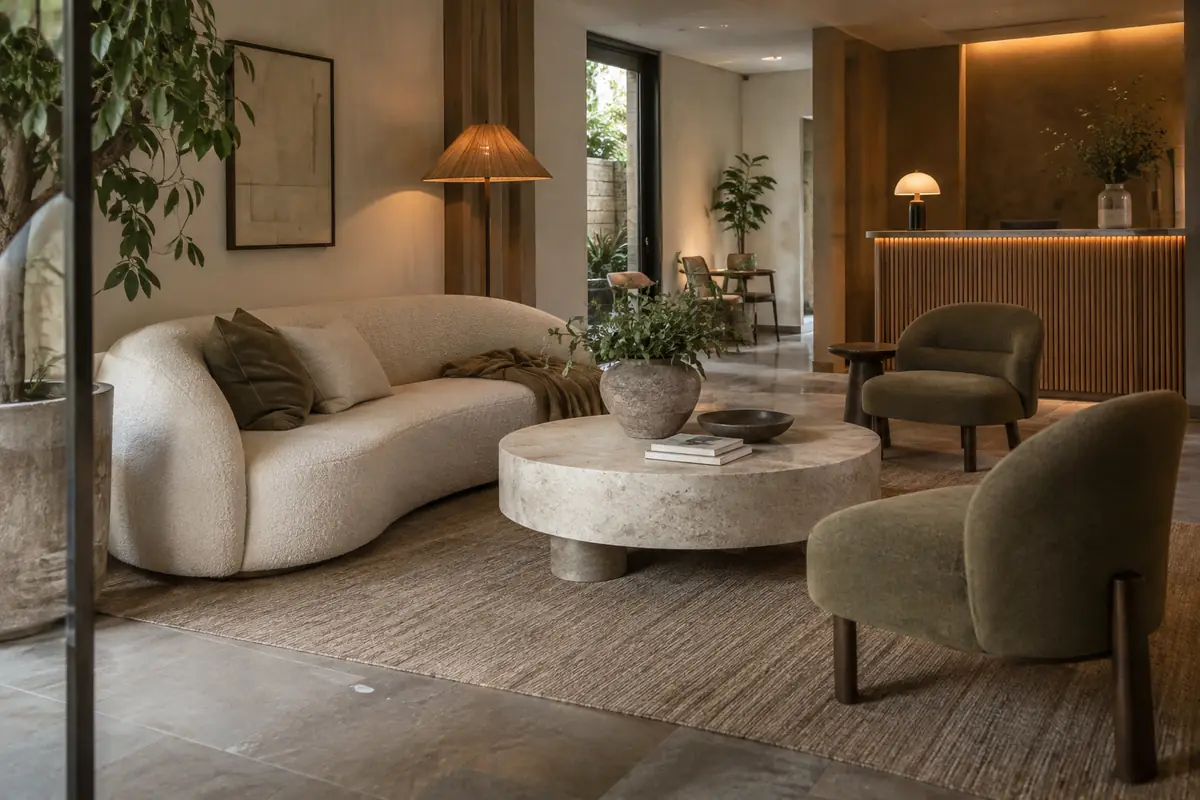 12 ideas de mesas de centro para hoteles, cafeterías y zonas lounge profesionales Mesa de centro escultural de aspecto mineral en la zona lounge de recepción de un establecimiento comercial boutique