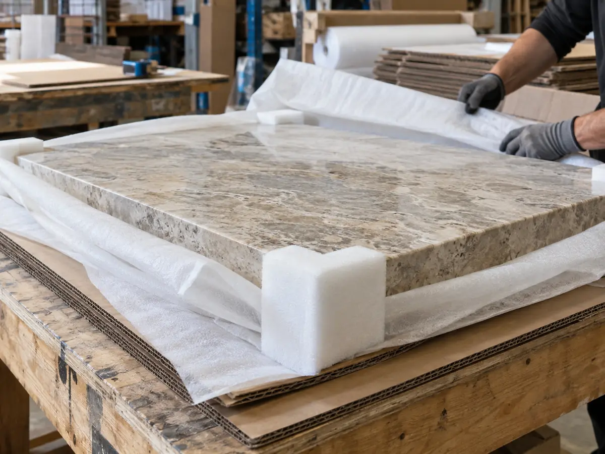 12 ideas de mesas de centro para hoteles, cafeterías y zonas lounge profesionales Tablero protegido de una mesa de centro preparado para su envío en una zona genérica de embalaje de mobiliario