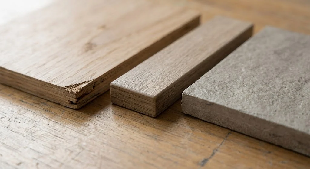 Die besten Couchtische für Hotels, Cafés und gewerbliche Loungebereiche Nahaufnahme von Couchtisch-Mustern aus Holz und in Steinoptik sowie verschiedenen Kantenprofilen