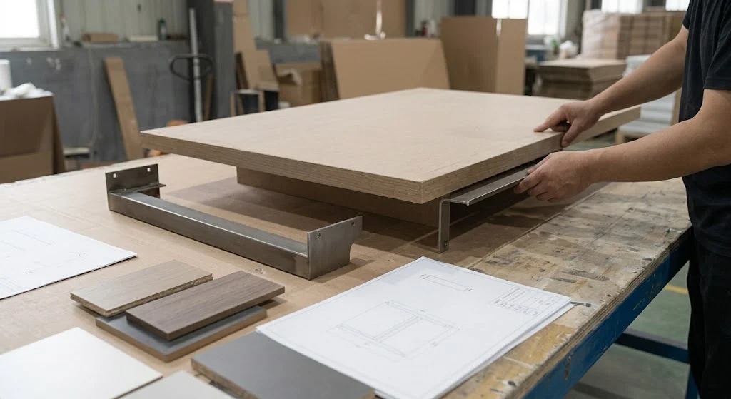 Die besten Couchtische für Hotels, Cafés und gewerbliche Loungebereiche Couchtisch-Prototyp und Oberflächenmuster auf einer Werkbank in der Möbelentwicklung