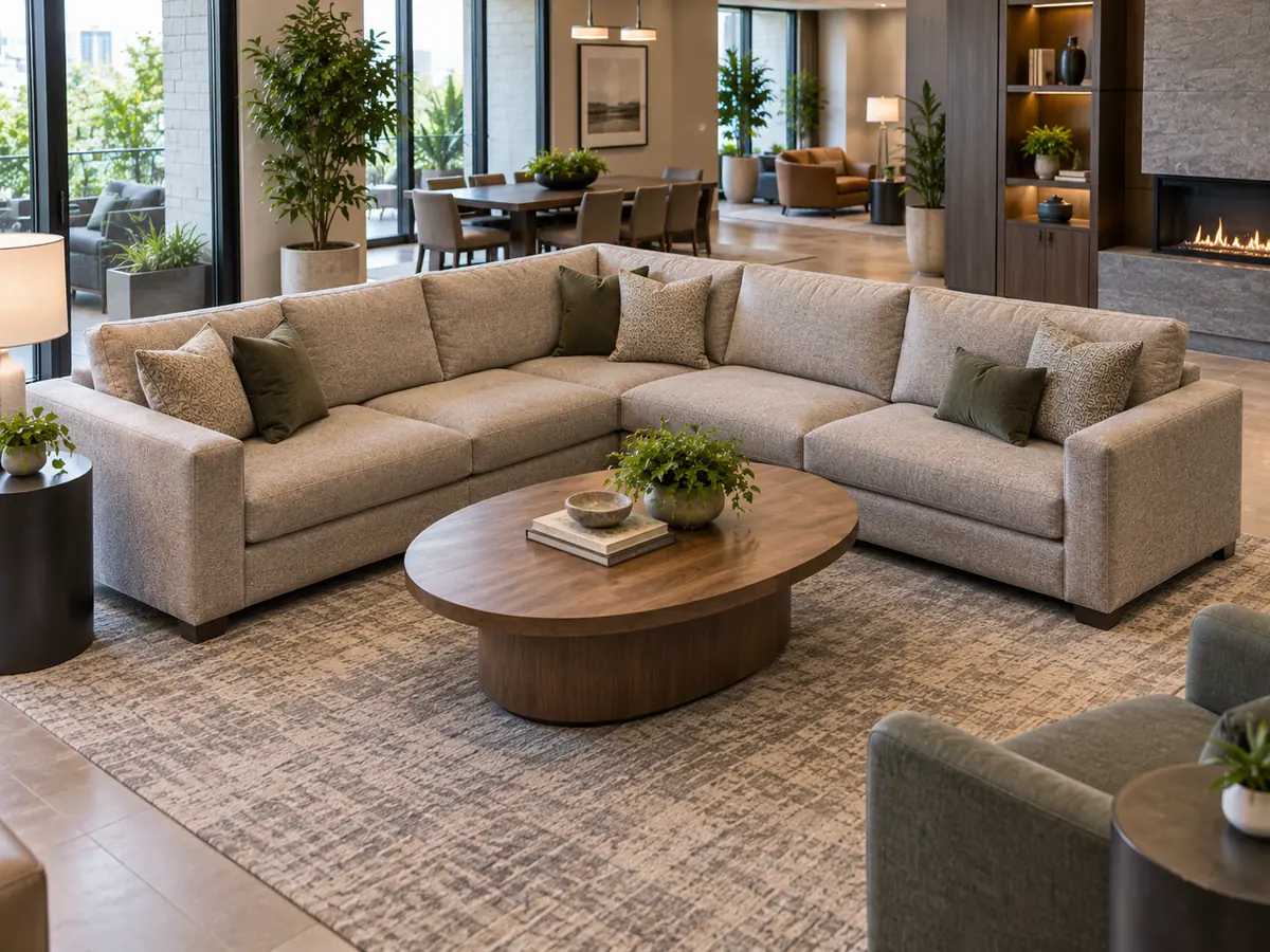 Medidas estándar de una mesa de centro: guía de dimensiones y distribución Mesa de centro ovalada encajada en el espacio central útil de una distribución con sofá modular.