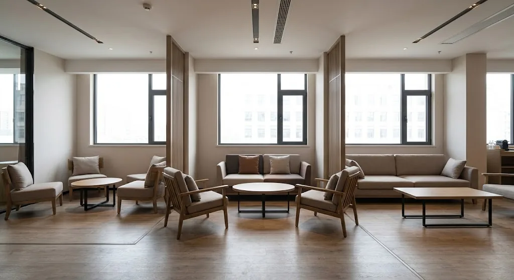 Die besten Couchtische für Hotels, Cafés und gewerbliche Loungebereiche Showroom für gewerbliche Möbel mit Sitzbereichen und runden, ovalen sowie rechteckigen Couchtischen
