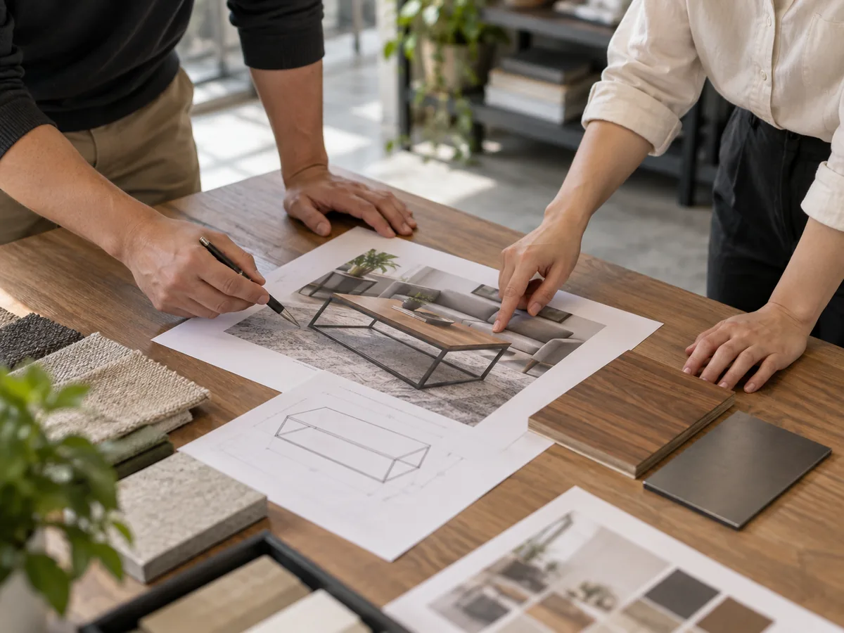 Medidas estándar de una mesa de centro: guía de dimensiones y distribución Revisión de especificaciones para un proyecto de mobiliario, con el plano de una mesa de centro y muestras de materiales.