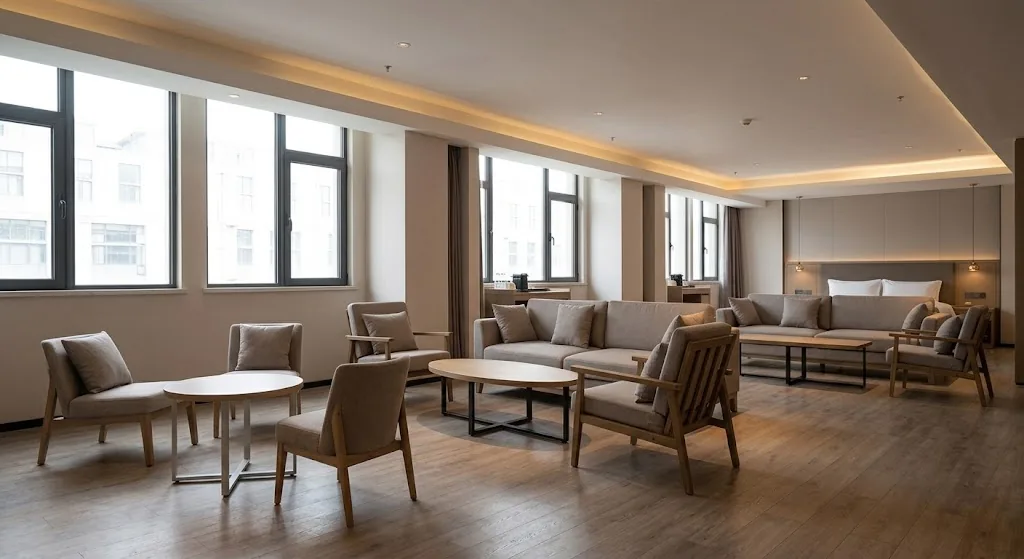 Gewerblich genutzte Hotellounge mit ovalem Couchtisch und unterschiedlichen Loungesitzmöbeln