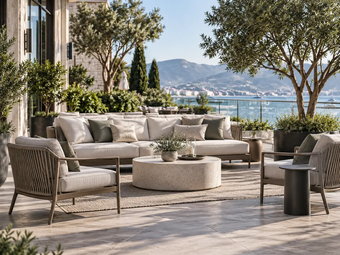 Die besten Outdoor-Möbel für Restaurants, Cafés und Hotels Outdoor-Loungebereich für die Gastronomie mit Sofa, Loungesesseln und niedrigem Tisch
