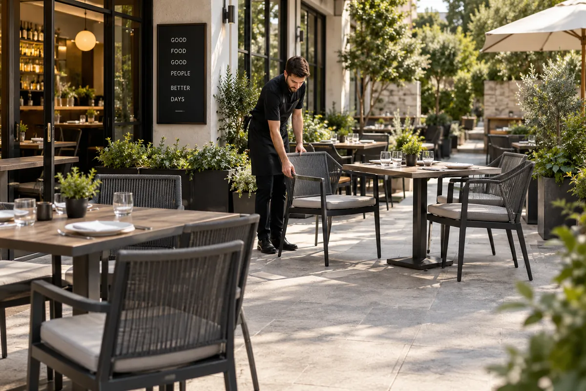 Die besten Outdoor-Terrassenmöbel für Restaurants, Cafés und Hotels Outdoor-Essbereich eines Restaurants mit gewerblichen Terrassenstühlen, Tischen und aktivem Servicebetrieb.