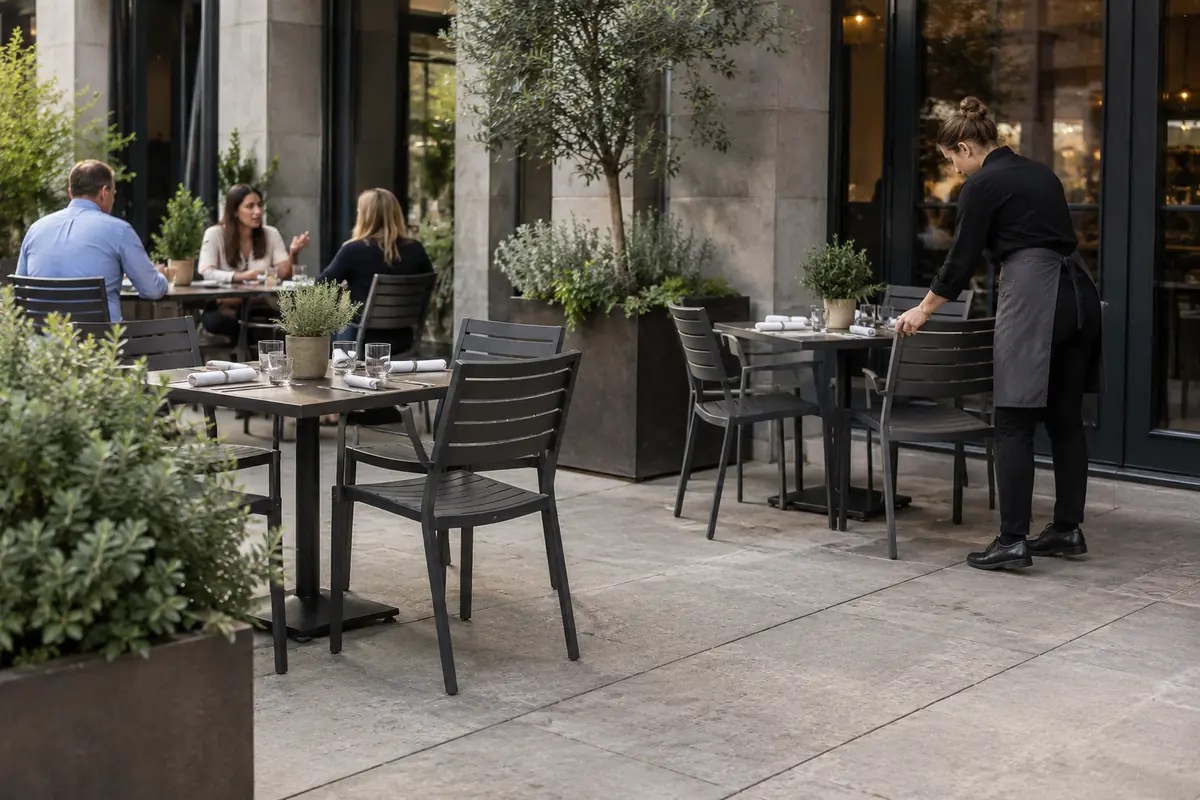 Die besten Outdoor-Terrassenmöbel für Restaurants, Cafés und Hotels Gastronomischer Terrassenbereich mit Outdoor-Metallstühlen, Tischen, Begrünung und Bedienpersonal.
