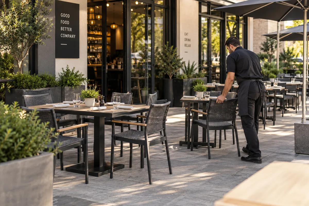 Die besten Outdoor-Terrassenmöbel für Restaurants, Cafés und Hotels Gastronomie-Terrasse mit Outdoor-Essbereich und einem Mitarbeiter, der einen Stuhl ausrichtet.