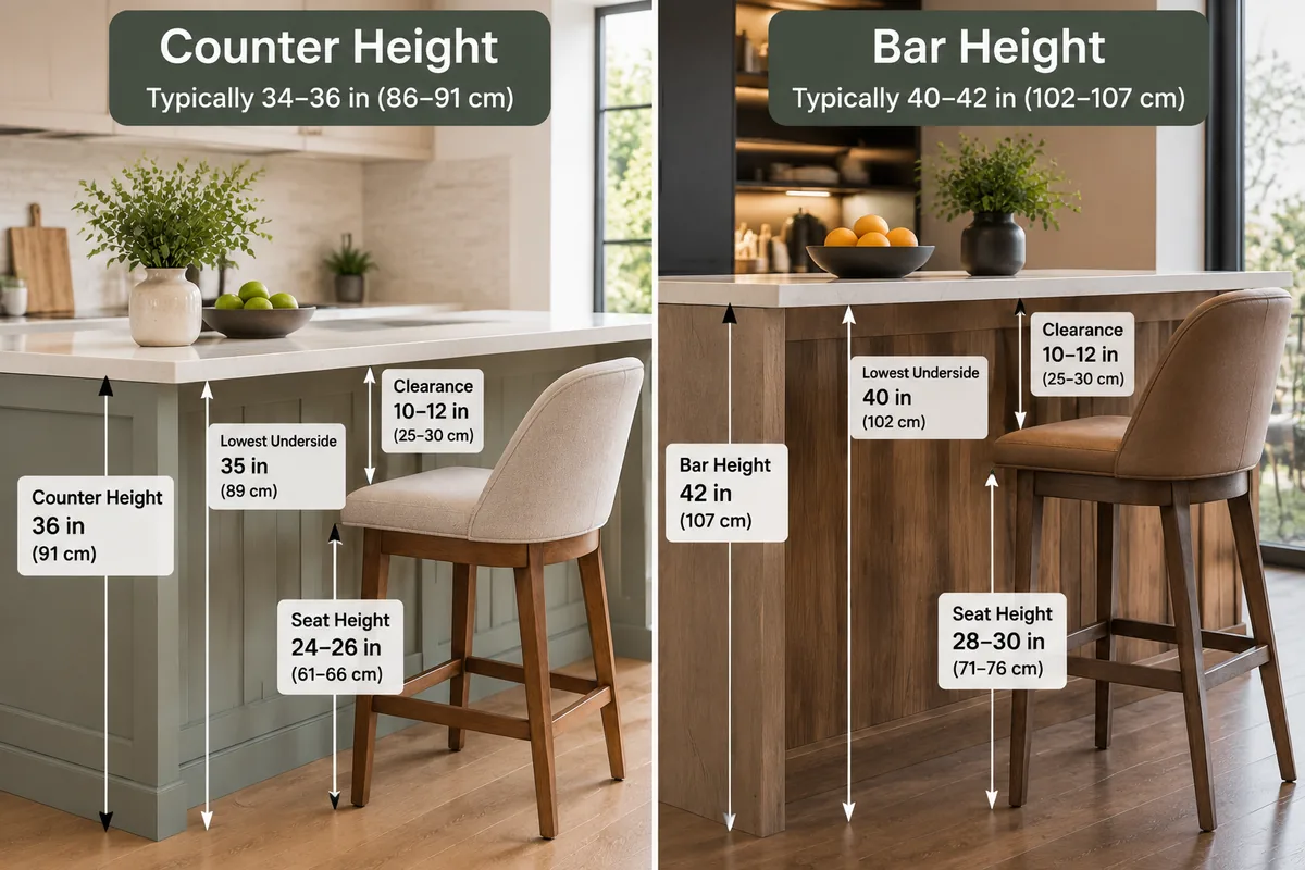 Bar Height vs. Counter Height: What’s the Difference? Counter and bar height underside clearance comparison