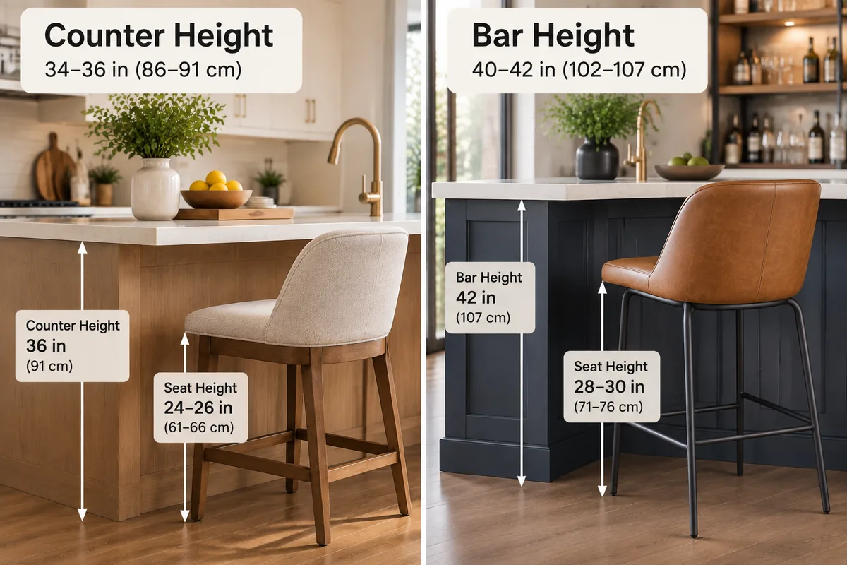 Bar Height vs. Counter Height: What’s the Difference? Counter height versus bar height stool dimension comparison