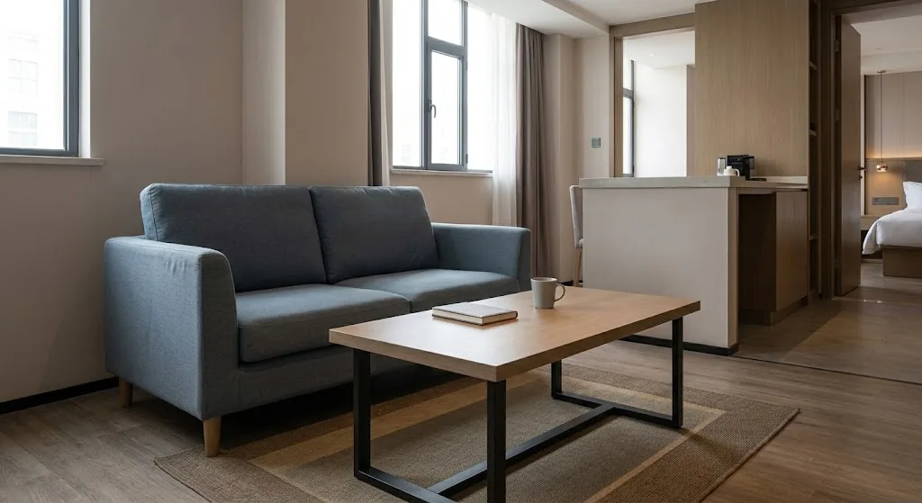 Die besten Couchtische für Hotels, Cafés und gewerbliche Loungebereiche Schlichter rechteckiger Couchtisch im Wohnbereich eines Gästezimmers für Langzeitaufenthalte