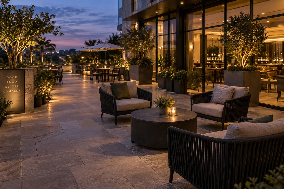 Die besten Outdoor-Terrassenmöbel für Restaurants, Cafés und Hotels Abendliche Hotel- oder Restaurantterrasse mit Outdoor-Sitzplätzen, Esstischen und warmem Umgebungslicht.