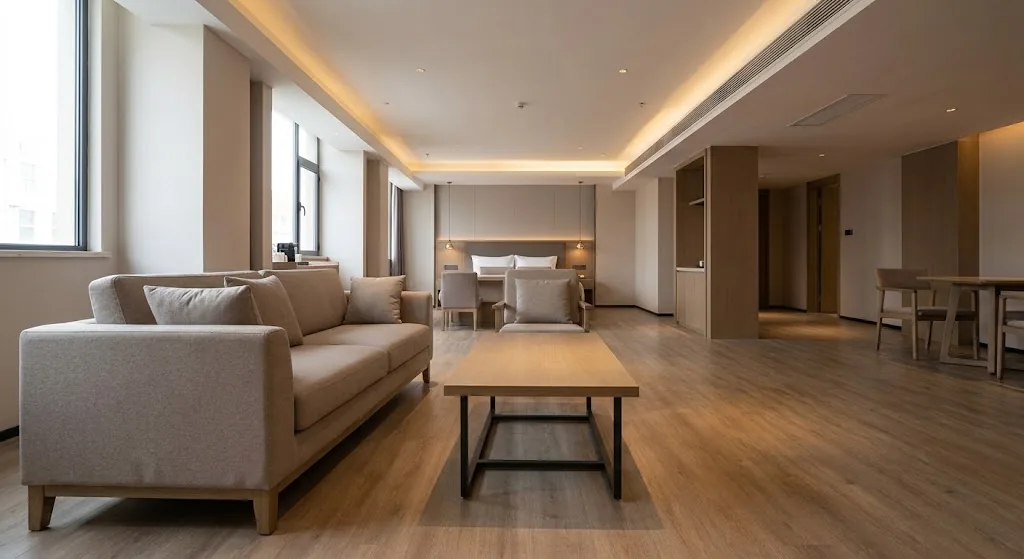 Die besten Couchtische für Hotels, Cafés und gewerbliche Loungebereiche Langes Sofa mit rechteckigem Couchtisch in einem gewerblich genutzten Loungebereich