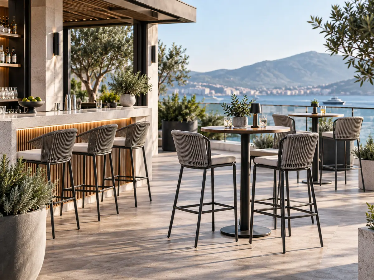 Die besten Outdoor-Möbel für Restaurants, Cafés und Hotels Outdoor-Barhocker und Tische in Barhöhe auf einer Hotelterrasse
