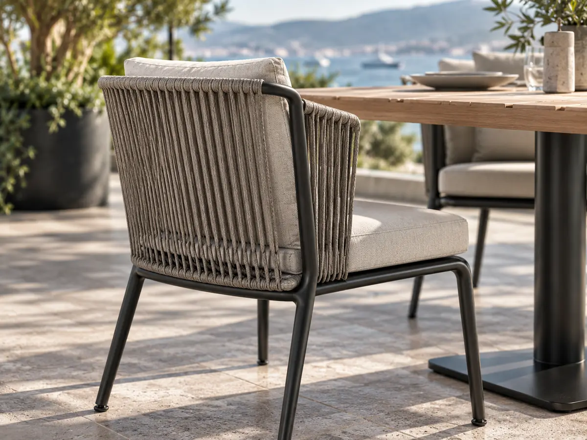 Die besten Outdoor-Möbel für Restaurants, Cafés und Hotels Gestell eines Outdoor-Essstuhls, geflochtene Rückenlehne, Sitzkissen und Detail eines Lattentischs