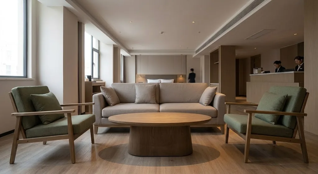 Die besten Couchtische für Hotels, Cafés und gewerbliche Loungebereiche Ovaler Standard-Couchtisch mit Sofa und Loungesesseln in einem Interieur für Hotellerie und Gastronomie
