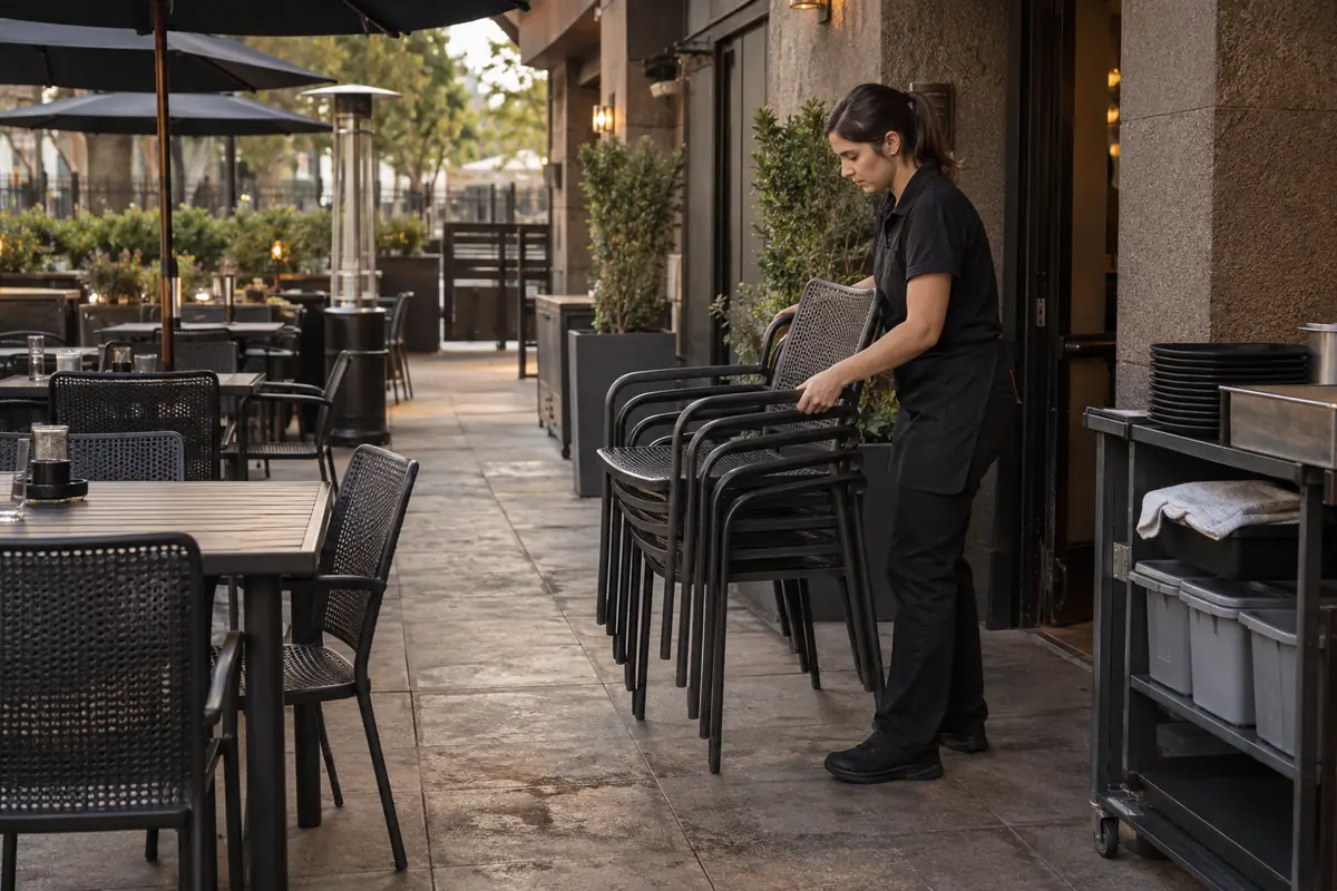 Die besten Outdoor-Terrassenmöbel für Restaurants, Cafés und Hotels Mitarbeiter eines Restaurants stapelt Outdoor-Terrassenstühle neben einem Service- und Lagerbereich.