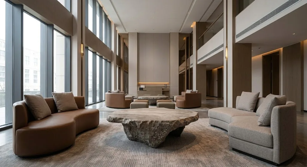 Die besten Couchtische für Hotels, Cafés und gewerbliche Loungebereiche Skulpturaler Couchtisch in der hochwertigen Sitzlounge einer gewerblichen Lobby
