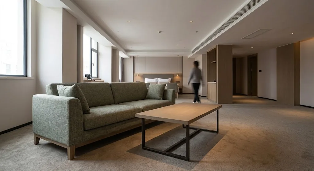 Die besten Couchtische für Hotels, Cafés und gewerbliche Loungebereiche Rechteckiger Couchtisch mit freier Bewegungsfläche neben einem langen Sofa