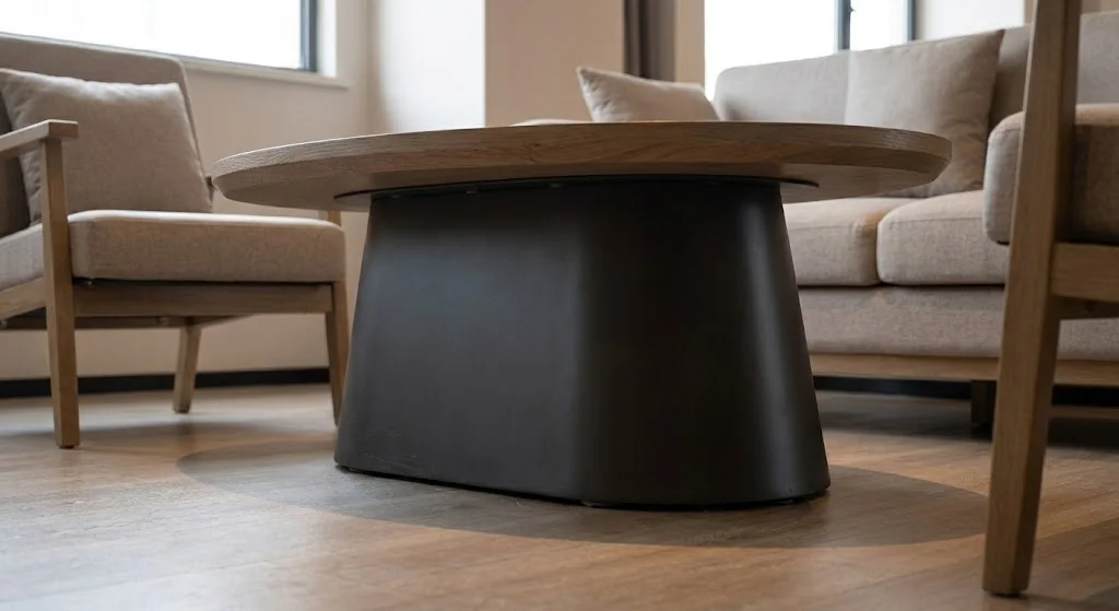 Die besten Couchtische für Hotels, Cafés und gewerbliche Loungebereiche Detailaufnahme aus niedriger Perspektive: rundes Couchtischgestell mit umliegenden Loungemöbeln