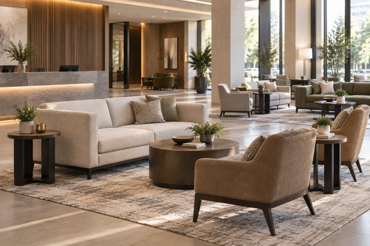 Side Table Height: Standard Sizes for Sofas & Lounge Chairs Commercial lounge seating group with side tables coordinated to adjacent chairs