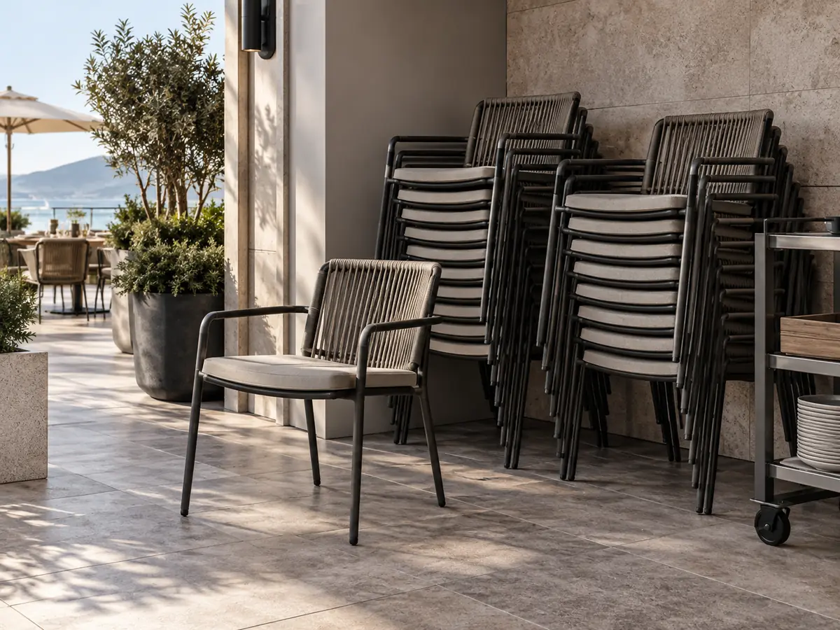 Die besten Outdoor-Möbel für Restaurants, Cafés und Hotels Stapelbare Outdoor-Gastronomiestühle neben einer Restaurantterrasse