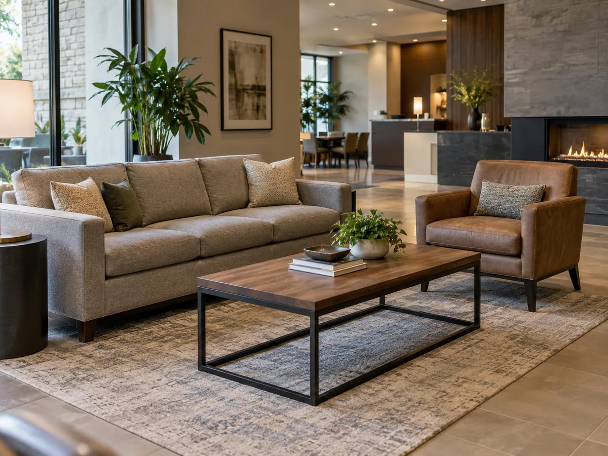 Medidas estándar de una mesa de centro: guía de dimensiones y distribución Mesa de centro rectangular junto a un sofá y una butaca en una zona lounge comercial.