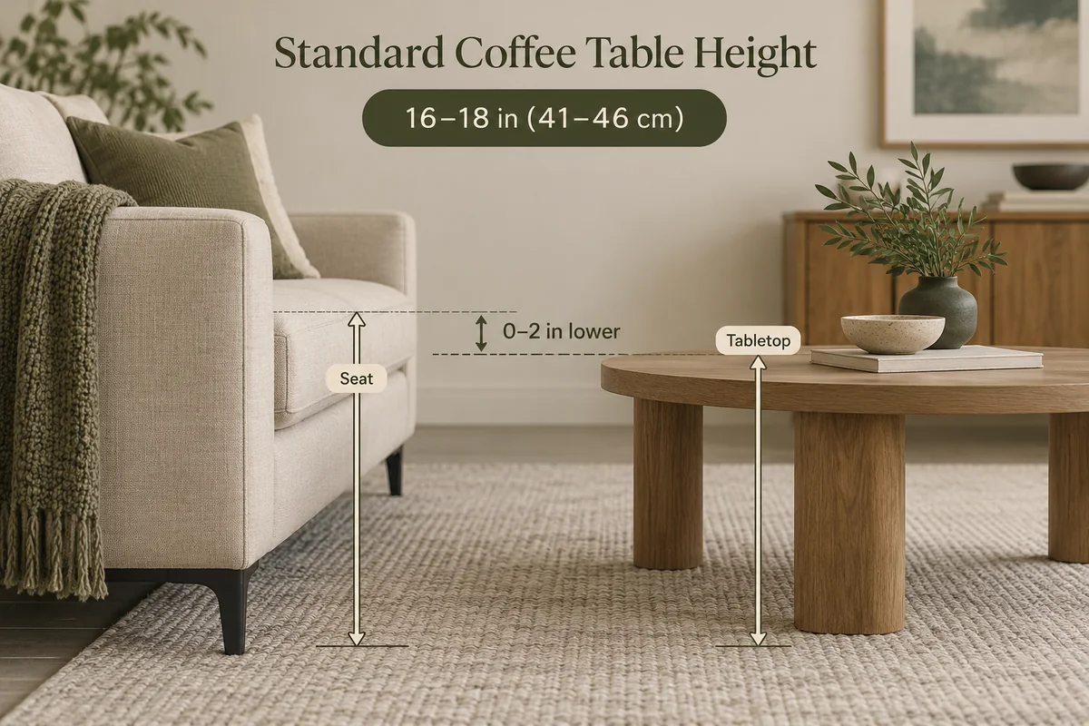 Standardhöjd för soffbord: 16–18 tum och regeln för soffan Standardhöjd för soffbord: 16–18 tum / 41–46 cm, visad i relation till soffans sitthöjd