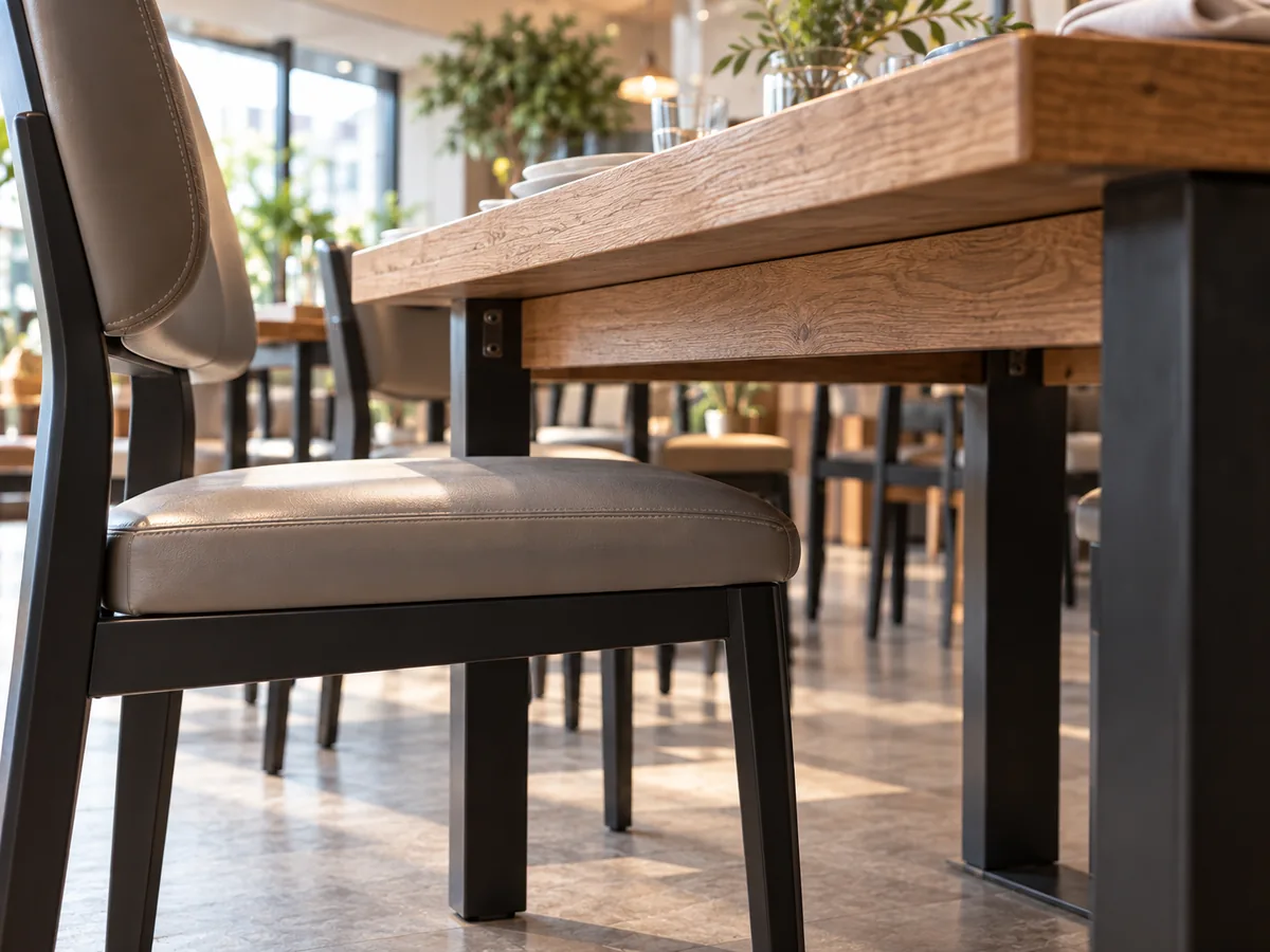 Altura estándar de una silla de comedor: asiento, ajuste a la mesa y comprobaciones para proyectos Asiento de una silla de comedor próximo al faldón de la mesa para comprobar el espacio libre inferior