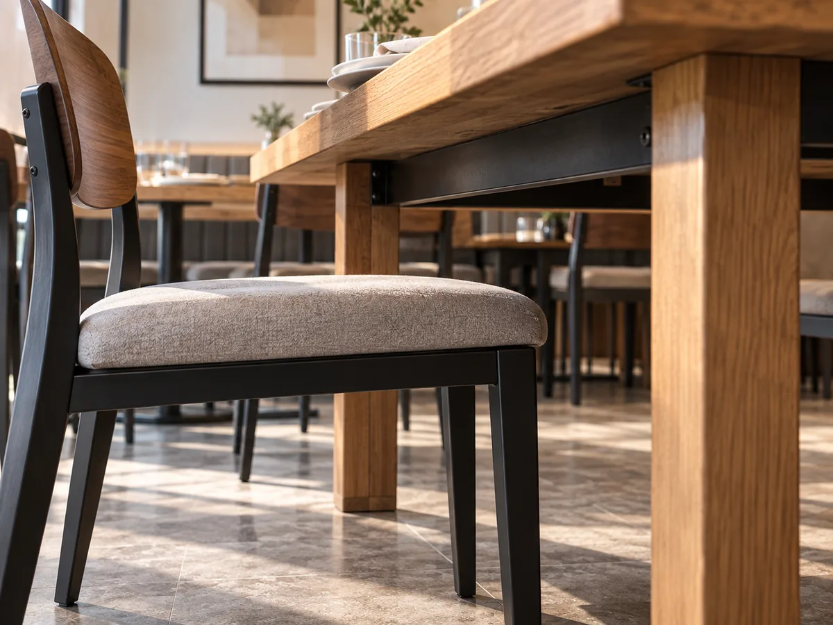Altura estándar de una silla de comedor: asiento, ajuste a la mesa y comprobaciones para proyectos Asiento de una silla de comedor y parte inferior de la mesa mostrando el espacio libre necesario