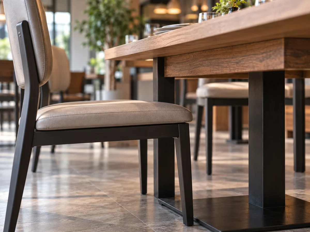 Altura estándar de una silla de comedor: asiento, ajuste a la mesa y comprobaciones para proyectos Silla de comedor junto a los soportes de la mesa, mostrando el riesgo de falta de espacio inferior