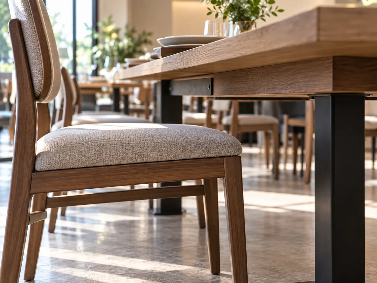 Altura estándar de una silla de comedor: asiento, ajuste a la mesa y comprobaciones para proyectos Silla de comedor colocada bajo una mesa de madera para comprobar el ajuste