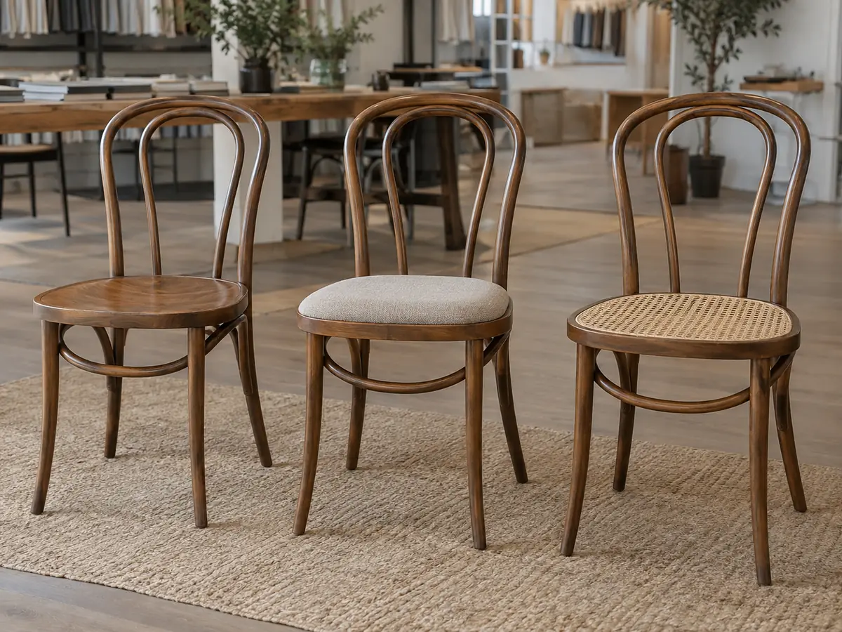 Bentwood Chairs: Types, Construction, Comfort & Prices Three curved-back chair seat options shown in wood, upholstery and woven cane