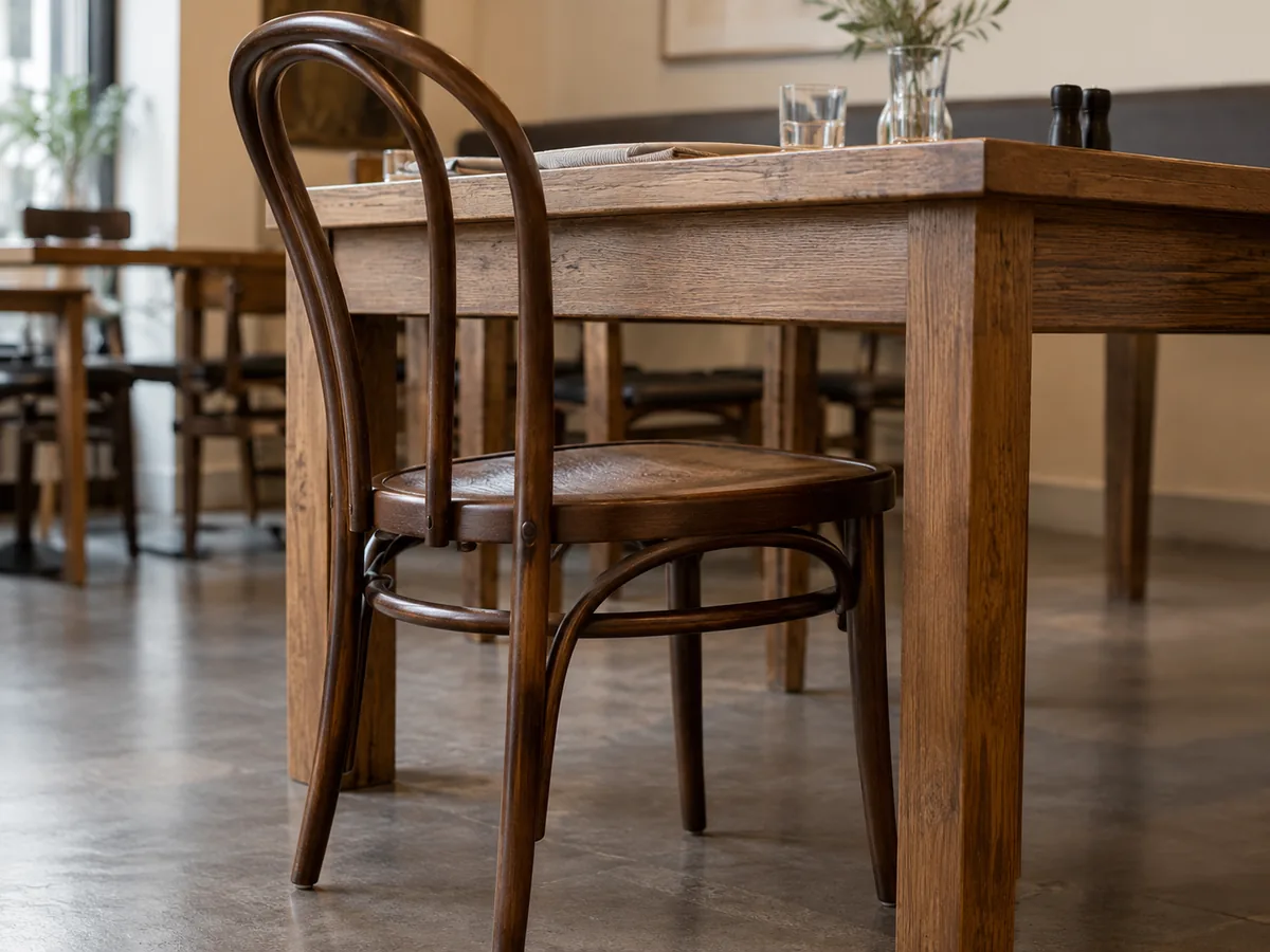 Bentwood Chairs: Types, Construction, Comfort & Prices Curved-back dining chair placed beside a wooden table with a deep apron showing clearance considerations